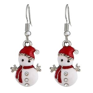 Christmas Snowman Hook Earrings Oil Drip Rhinestones Silver Red White Snowmen